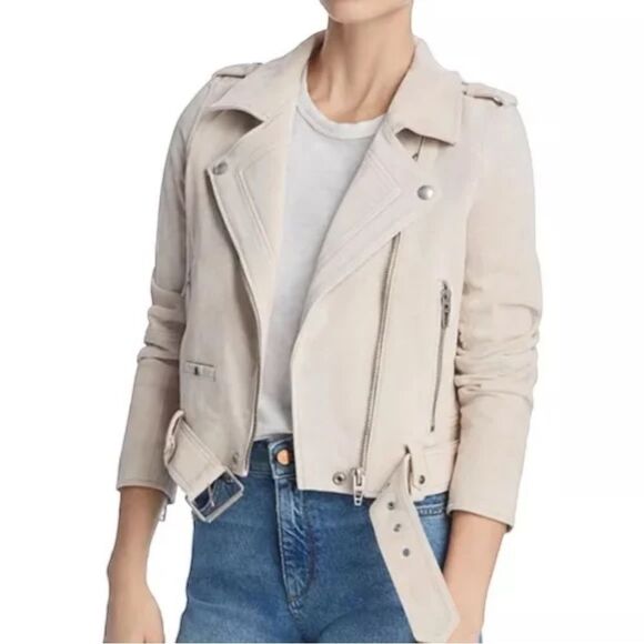 Philosophy Cream Faux Leather Suede Moto Jacket Asymmetrical Zipper Belt Size L - Picture 2 of 13